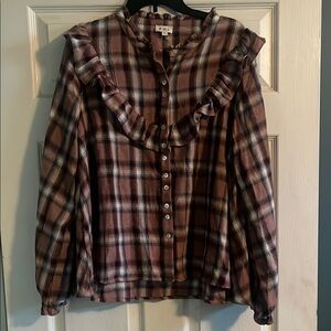 POL Checkered Ruffle Blouse in Brown and Cream